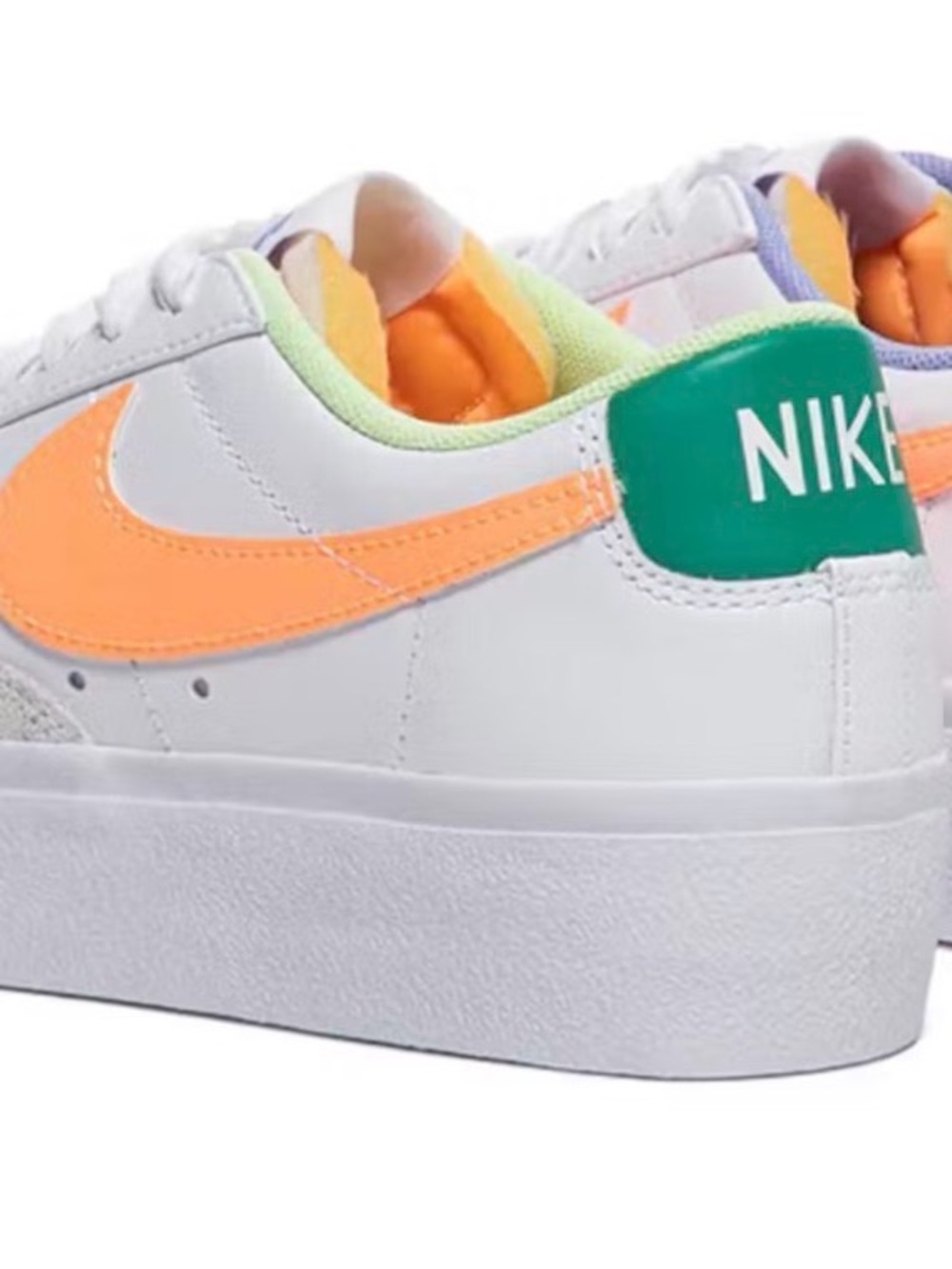 Nike blazer low platform White Sneakers with Peach Swoosh and Green & purple